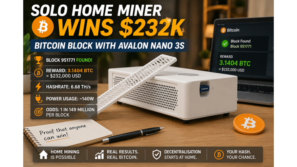 Home Bitcoin Miner Wins $232K Block With Avalon Nano 3S